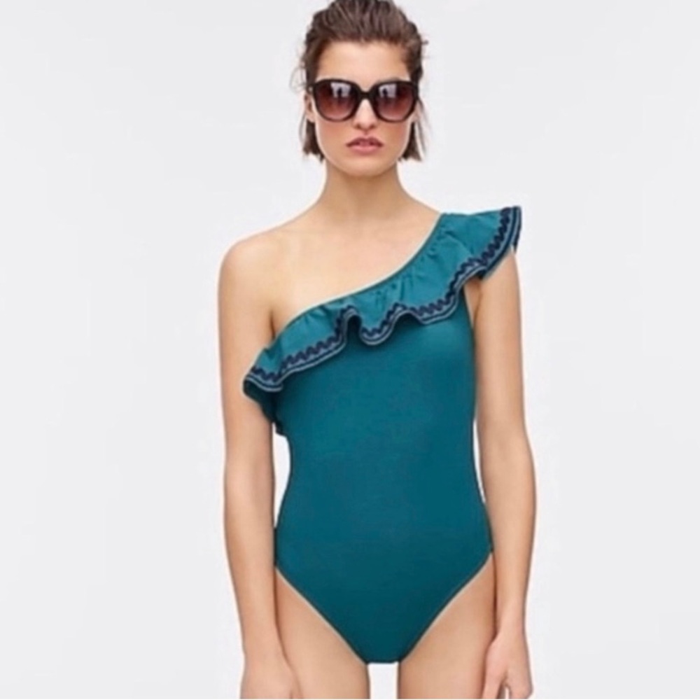 J. Crew Teal Ruffle  Trim One-Shoulder Swimsuit/ Bathing Suit